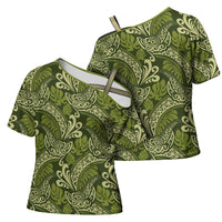 Olive Green Monstera Cross Shoulder Shirt Polynesian Tribal Pattern LT01 - Polynesian Pride