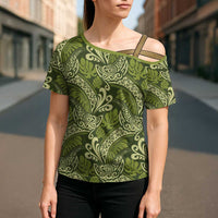 Olive Green Monstera Cross Shoulder Shirt Polynesian Tribal Pattern LT01 - Polynesian Pride