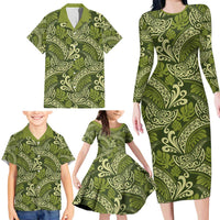 Olive Green Monstera Family Matching Long Sleeve Bodycon Dress and Hawaiian Shirt Polynesian Tribal Pattern - Polynesian Pride