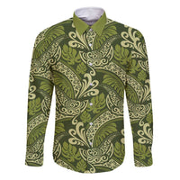 Olive Green Monstera Family Matching Long Sleeve Bodycon Dress and Hawaiian Shirt Polynesian Tribal Pattern - Polynesian Pride