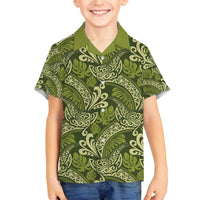 Olive Green Monstera Family Matching Off The Shoulder Long Sleeve Dress and Hawaiian Shirt Polynesian Tribal Pattern LT01 Son's Shirt Green - Polynesian Pride