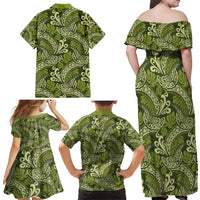 Olive Green Monstera Family Matching Off Shoulder Maxi Dress and Hawaiian Shirt Polynesian Tribal Pattern - Polynesian Pride