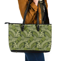 Olive Green Monstera Leather Tote Bag Polynesian Tribal Pattern - Polynesian Pride