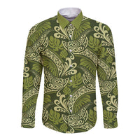 Olive Green Monstera Long Sleeve Button Shirt Polynesian Tribal Pattern LT01 Unisex Green - Polynesian Pride