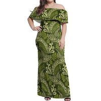 Olive Green Monstera Off Shoulder Maxi Dress Polynesian Tribal Pattern LT01 Women Green - Polynesian Pride