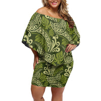 Olive Green Monstera Off Shoulder Short Dress Polynesian Tribal Pattern LT01 Women Green - Polynesian Pride