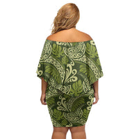 Olive Green Monstera Off Shoulder Short Dress Polynesian Tribal Pattern LT01 - Polynesian Pride
