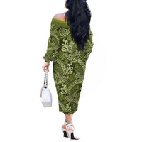 Olive Green Monstera Off The Shoulder Long Sleeve Dress Polynesian Tribal Pattern LT01 - Polynesian Pride