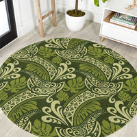 Olive Green Monstera Round Carpet Polynesian Tribal Pattern - Polynesian Pride