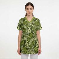 Olive Green Monstera Scrub Top Polynesian Tribal Pattern LT01 - Polynesian Pride