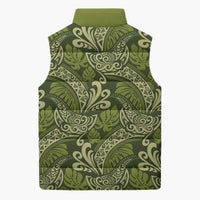 Olive Green Monstera Sleeveless Puffer Jacket Polynesian Tribal Pattern LT01 - Polynesian Pride