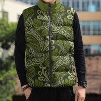 Olive Green Monstera Sleeveless Puffer Jacket Polynesian Tribal Pattern LT01 - Polynesian Pride