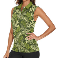 Olive Green Monstera Women Sleeveless Polo Shirt Polynesian Tribal Pattern LT01 - Polynesian Pride