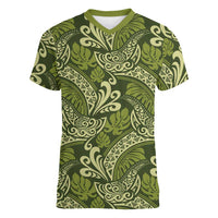 Olive Green Monstera Women V-Neck T-Shirt Polynesian Tribal Pattern LT01 Female Green - Polynesian Pride