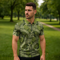 Olive Green Monstera Zipper Polo Shirt Polynesian Tribal Pattern LT01 - Polynesian Pride