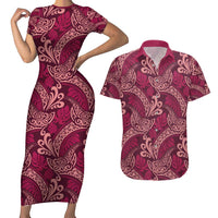 Sweet Pink Monstera Couples Matching Short Sleeve Bodycon Dress and Hawaiian Shirt Polynesian Tribal Pattern - Polynesian Pride
