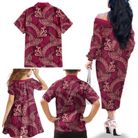 Sweet Pink Monstera Family Matching Off The Shoulder Long Sleeve Dress and Hawaiian Shirt Polynesian Tribal Pattern - Polynesian Pride