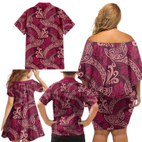 Sweet Pink Monstera Family Matching Off Shoulder Short Dress and Hawaiian Shirt Polynesian Tribal Pattern - Polynesian Pride