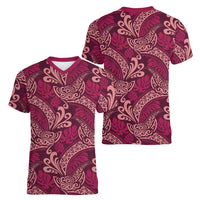 Sweet Pink Monstera Women V-Neck T-Shirt Polynesian Tribal Pattern LT01 - Polynesian Pride