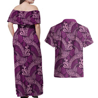 Royal Purple Monstera Couples Matching Off Shoulder Maxi Dress and Hawaiian Shirt Polynesian Tribal Pattern - Polynesian Pride