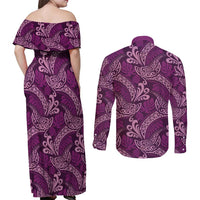 Royal Purple Monstera Couples Matching Off Shoulder Maxi Dress and Long Sleeve Button Shirt Polynesian Tribal Pattern - Polynesian Pride
