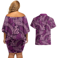 Royal Purple Monstera Couples Matching Off Shoulder Short Dress and Hawaiian Shirt Polynesian Tribal Pattern - Polynesian Pride