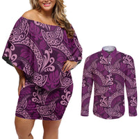Royal Purple Monstera Couples Matching Off Shoulder Short Dress and Long Sleeve Button Shirt Polynesian Tribal Pattern - Polynesian Pride