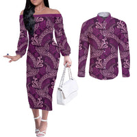 Royal Purple Monstera Couples Matching Off The Shoulder Long Sleeve Dress and Long Sleeve Button Shirt Polynesian Tribal Pattern - Polynesian Pride