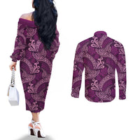 Royal Purple Monstera Couples Matching Off The Shoulder Long Sleeve Dress and Long Sleeve Button Shirt Polynesian Tribal Pattern - Polynesian Pride