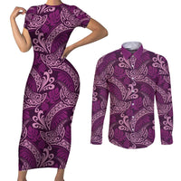 Royal Purple Monstera Couples Matching Short Sleeve Bodycon Dress and Long Sleeve Button Shirt Polynesian Tribal Pattern - Polynesian Pride