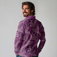 Royal Purple Monstera Long Sleeve Polo Shirt Polynesian Tribal Pattern LT01 - Polynesian Pride