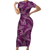 Royal Purple Monstera Short Sleeve Bodycon Dress Polynesian Tribal Pattern LT01 Long Dress Purple - Polynesian Pride