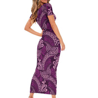 Royal Purple Monstera Short Sleeve Bodycon Dress Polynesian Tribal Pattern LT01 - Polynesian Pride