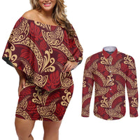 Luxury Red Monstera Couples Matching Off Shoulder Short Dress and Long Sleeve Button Shirt Polynesian Tribal Pattern LT01 Red - Polynesian Pride