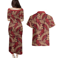 Luxury Red Monstera Couples Matching Puletasi and Hawaiian Shirt Polynesian Tribal Pattern LT01 - Polynesian Pride