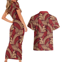 Luxury Red Monstera Couples Matching Short Sleeve Bodycon Dress and Hawaiian Shirt Polynesian Tribal Pattern - Polynesian Pride