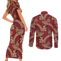 Luxury Red Monstera Couples Matching Short Sleeve Bodycon Dress and Long Sleeve Button Shirt Polynesian Tribal Pattern - Polynesian Pride