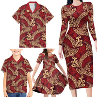 Luxury Red Monstera Family Matching Long Sleeve Bodycon Dress and Hawaiian Shirt Polynesian Tribal Pattern - Polynesian Pride
