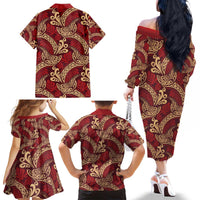 Luxury Red Monstera Family Matching Off The Shoulder Long Sleeve Dress and Hawaiian Shirt Polynesian Tribal Pattern - Polynesian Pride