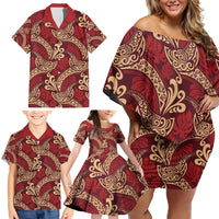 Luxury Red Monstera Family Matching Off Shoulder Short Dress and Hawaiian Shirt Polynesian Tribal Pattern - Polynesian Pride