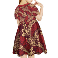 Luxury Red Monstera Kid Short Sleeve Dress Polynesian Tribal Pattern LT01 - Polynesian Pride