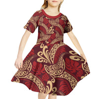Luxury Red Monstera Kid Short Sleeve Dress Polynesian Tribal Pattern LT01 - Polynesian Pride