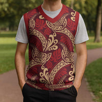 Luxury Red Monstera Christmas Knitted V-Neck Vest Polynesian Tribal Pattern LT01 - Polynesian Pride