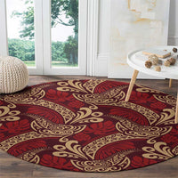 Luxury Red Monstera Round Carpet Polynesian Tribal Pattern - Polynesian Pride