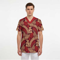 Luxury Red Monstera Scrub Top Polynesian Tribal Pattern LT01 - Polynesian Pride