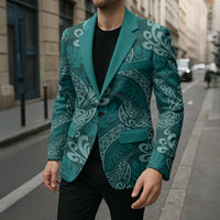 Teal Monstera Blazer Polynesian Tribal Pattern - Polynesian Pride