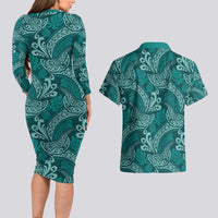 Teal Monstera Couples Matching Long Sleeve Bodycon Dress and Hawaiian Shirt Polynesian Tribal Pattern - Polynesian Pride