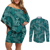 Teal Monstera Couples Matching Off Shoulder Short Dress and Long Sleeve Button Shirt Polynesian Tribal Pattern - Polynesian Pride