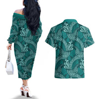 Teal Monstera Couples Matching Off The Shoulder Long Sleeve Dress and Hawaiian Shirt Polynesian Tribal Pattern - Polynesian Pride