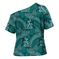 Teal Monstera Cross Shoulder Shirt Polynesian Tribal Pattern LT01 - Polynesian Pride